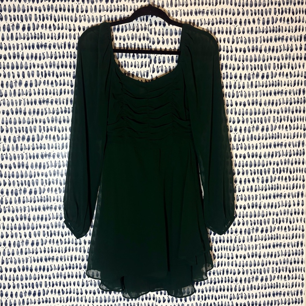 Altar’d State Long Sleeve Ruched Mini Dress sz M forest green sheer fall elegant